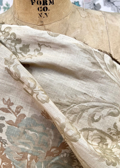 Rose Floral Tan Linen Fabric - Half Yard