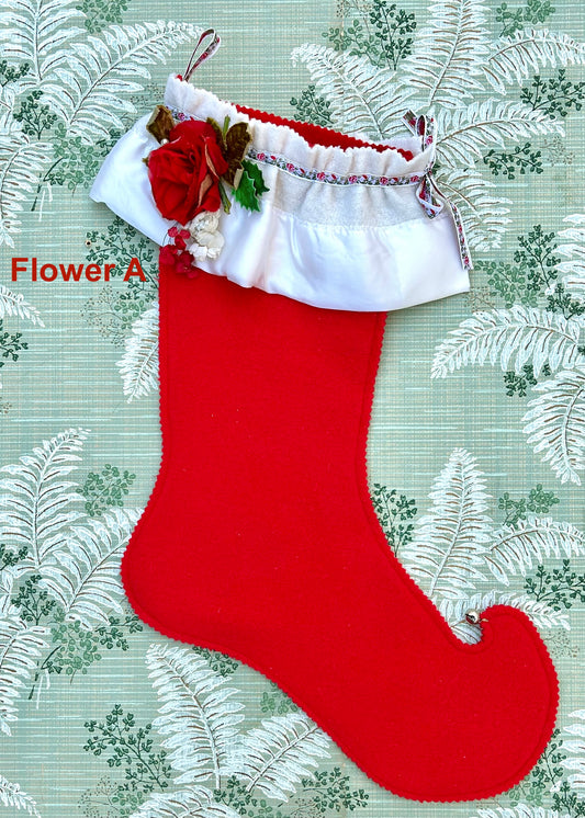 Vintage Wool Stockings - Red with White & Silk flower