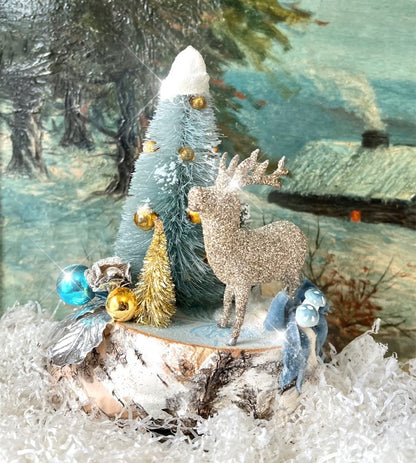 Festive Birch Forest Glittered Deer Scene