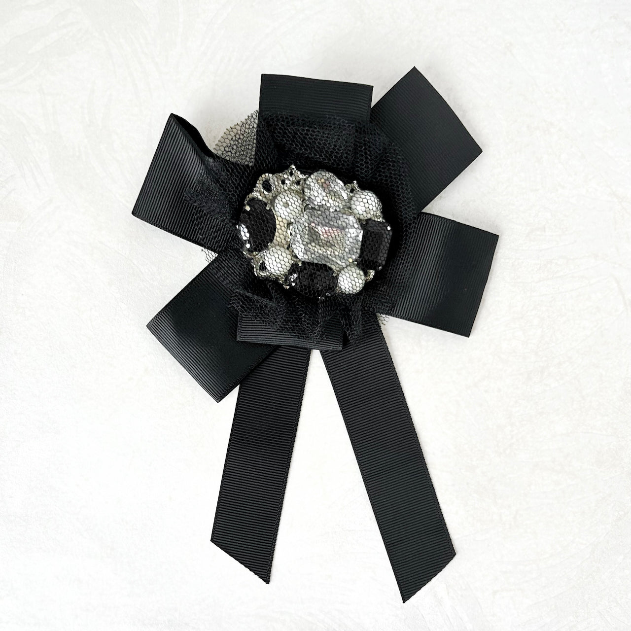 Black & White Jeweled Bow Brooch 7-3/4"