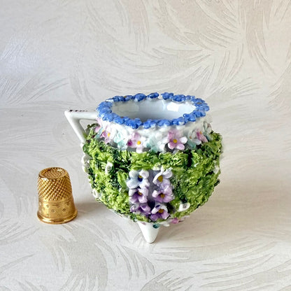 Antique German Elfinware Miniature Porcelain Cup - Mossware Encrusted Flowers 1920s