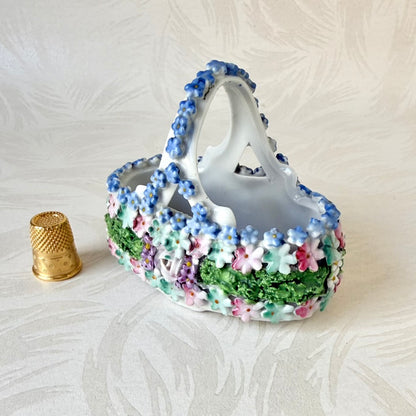 Antique German Elfinware Miniature Porcelain Basket - Mossware Applied Roses 1920s