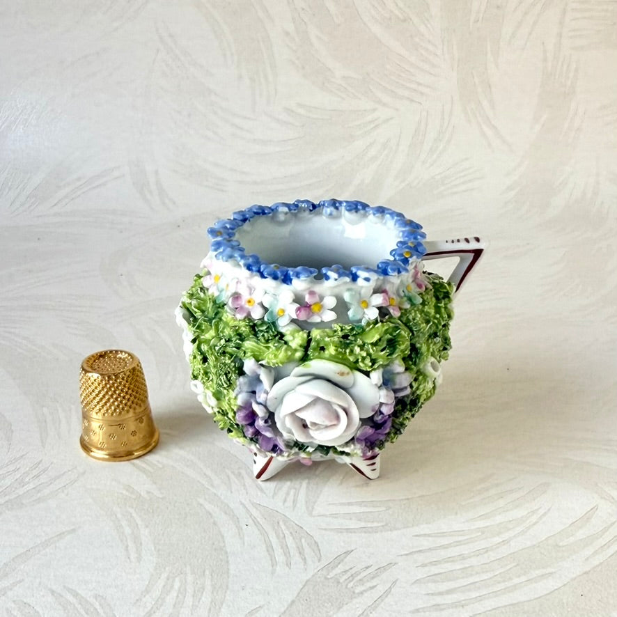 Antique German Elfinware Miniature Porcelain Cup - Mossware Encrusted Flowers 1920s