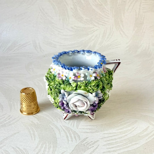 Antique German Elfinware Miniature Porcelain Cup - Mossware Encrusted Flowers 1920s