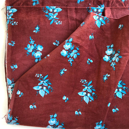 Blue Flowers on Maroon Corduroy Fabric - Vintage