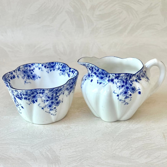 Dainty Royal Blue Shelly Creamer & Sugar - Vintage Bone China Set