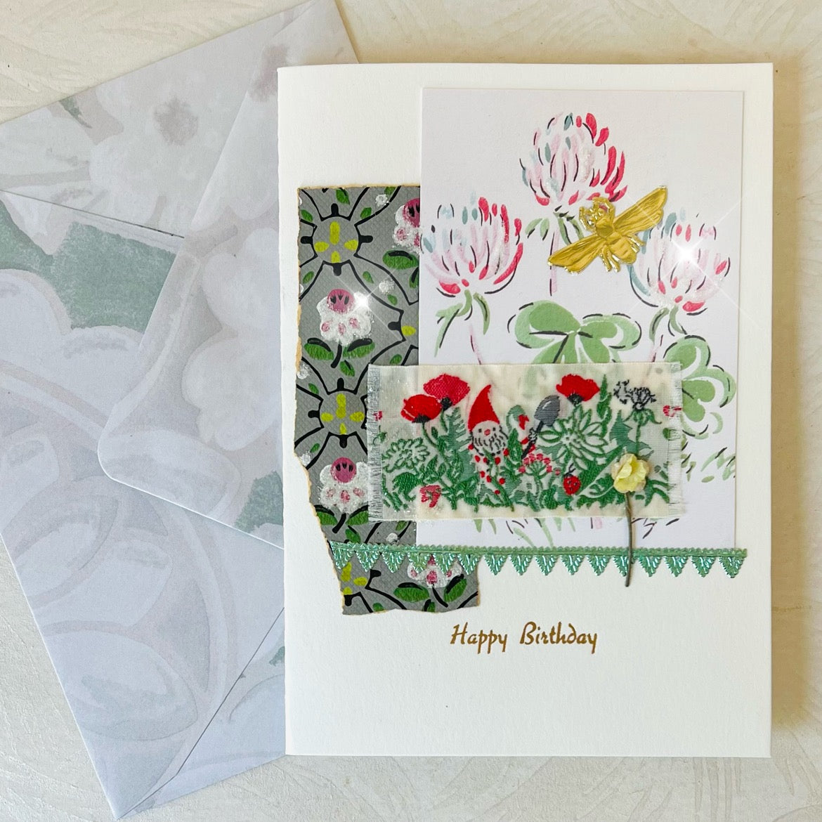 Happy Birthday Embroidered Gnome Collage Card - Handmade