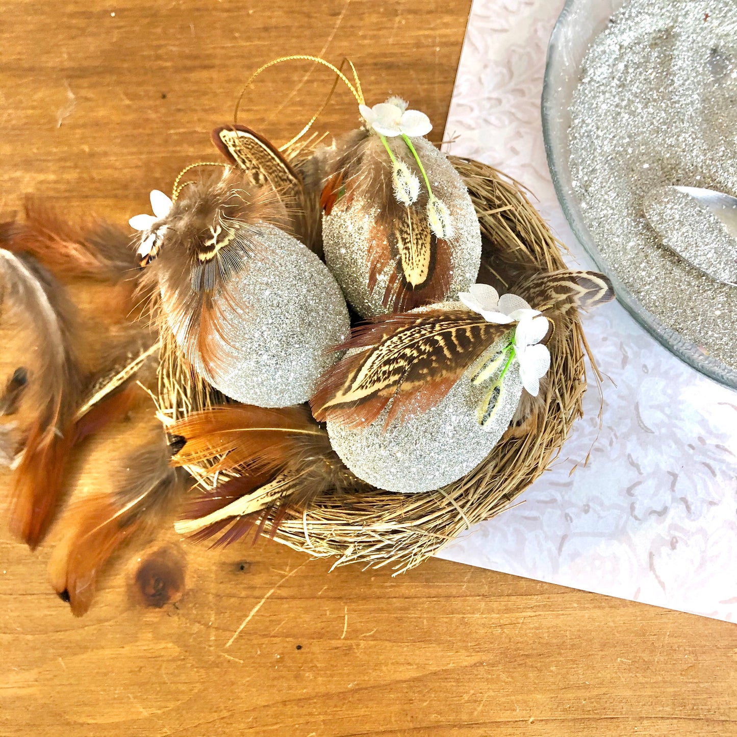 Feathered Glitter Egg Ornament