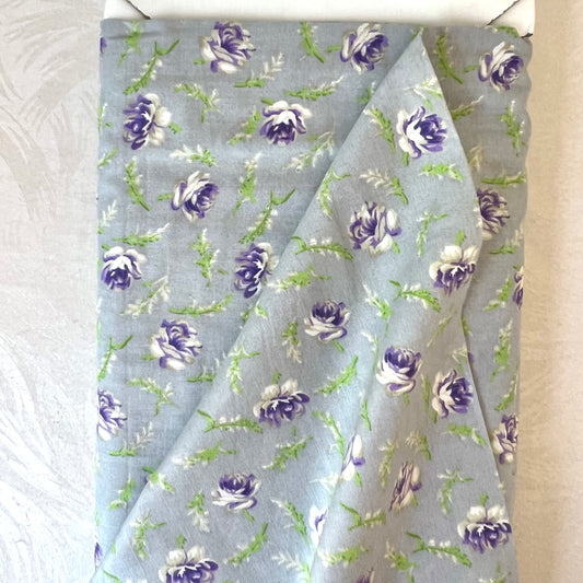 Purple Flowers on Gray Cotton Fabric