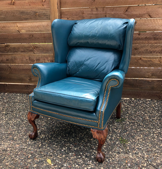 Teal Leather Wingback Chair - Vintage