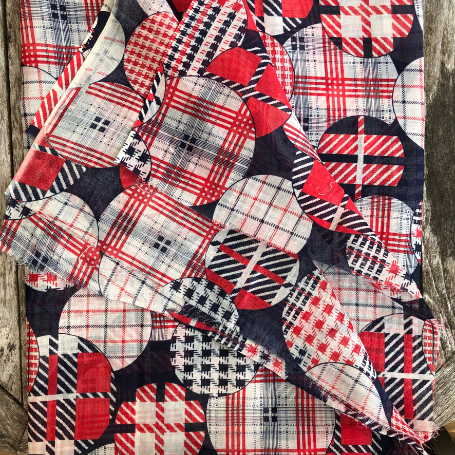 Sheer Cotton Plaid in Circles Fabric - Vintage