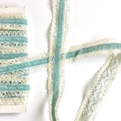 Light blue velvet & crochet lace 1" ribbon
