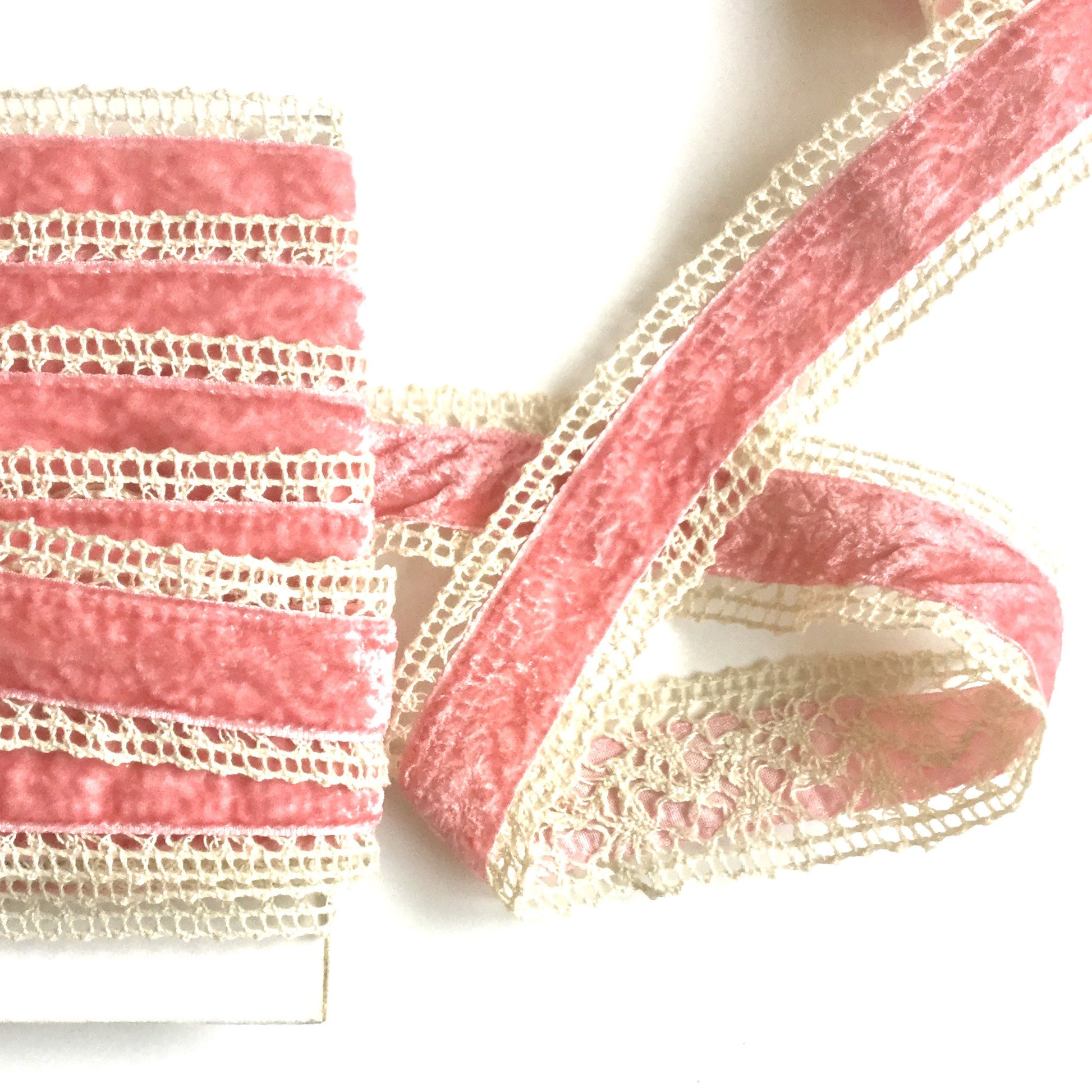 Velvet Center Crochet Ribbon - Rose Pink and Cream - 1 1/2 inch
